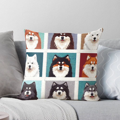 Crotchet illustration of a Finnish Lapphund dog on a decorative throw pillow