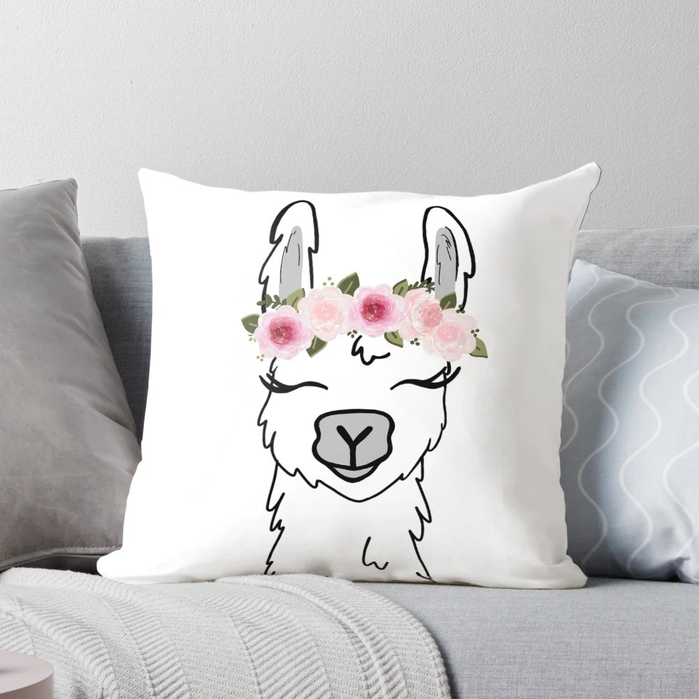Soft, plush pillow featuring a llama wearing a beautiful floral crown