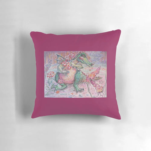 Soft, cuddly pillow featuring a friendly flower dragon with pink and green scales, picking a bouquet of flowers.