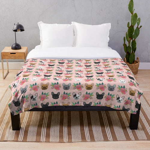 Plush blanket featuring a pink floral pattern and adorable French Bulldog faces