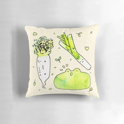 Colorful watercolor illustration of a frog surrounded by vibrant botanical veggies on a plush, comfortable pillow