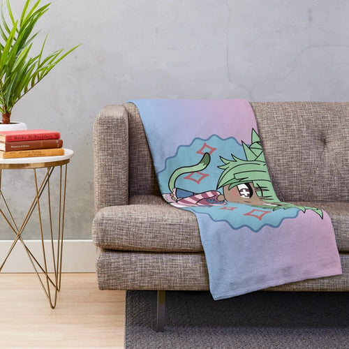 Gacha girl chibi character plush blanket with green hair and tail