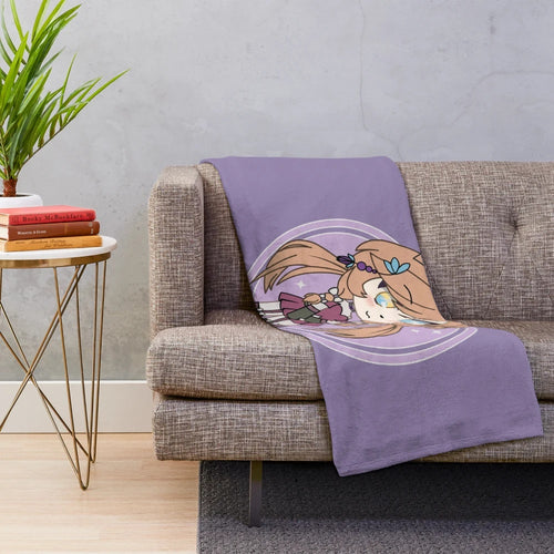 Soft and cozy plush blanket featuring a charming chibi girl character in a pastel, anime-inspired design