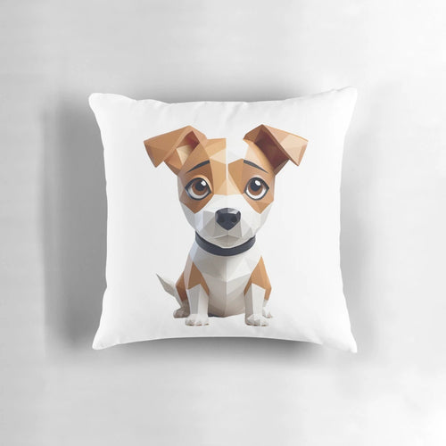 Colorful, geometric puppy illustration printed on a soft, decorative throw pillow.