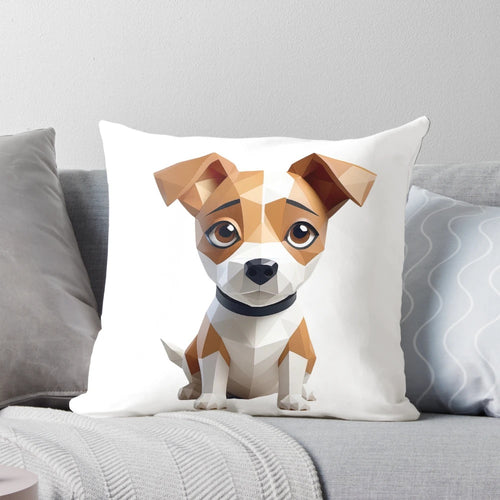 Colorful, geometric puppy illustration printed on a soft, decorative throw pillow.