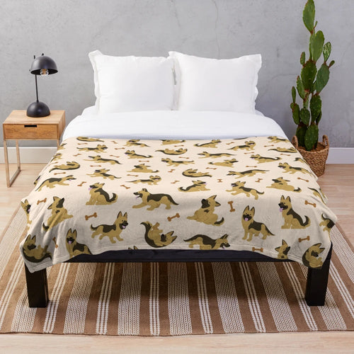 Adorable German Shepherd puppy on a plush blanket with a cute cartoon pattern