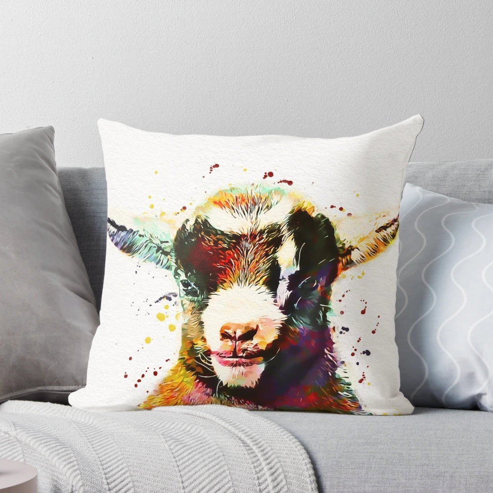 Vibrant watercolor painting of a cute baby goat on a decorative throw pillow