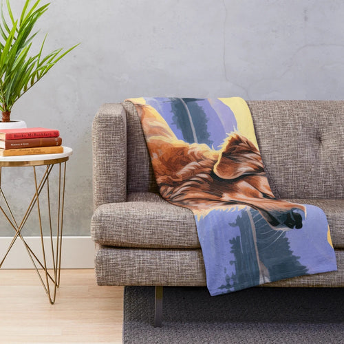 Golden Retriever art plush blanket featuring a watercolor-style illustration of a friendly golden retriever dog
