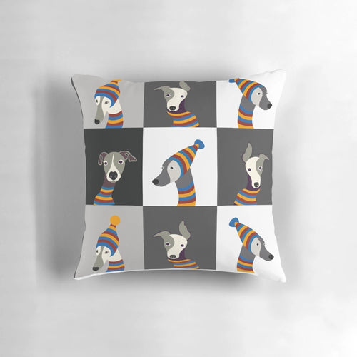 Soft, plush pillow featuring a hand-drawn image of a dressed-up greyhound or whippet dog