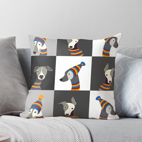 Soft, plush pillow featuring a hand-drawn image of a dressed-up greyhound or whippet dog