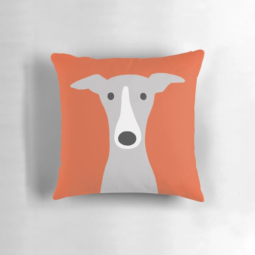 Soft, plush pillow featuring a cute, cartoon-style illustration of a greyhound or whippet dog breed