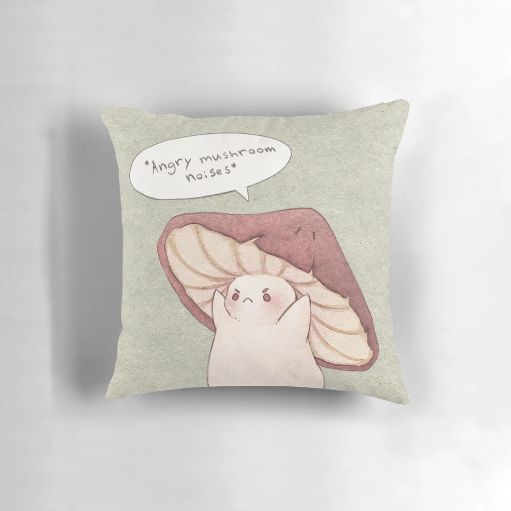 Grumpy mushroom design printed on a soft, plush decorative pillow