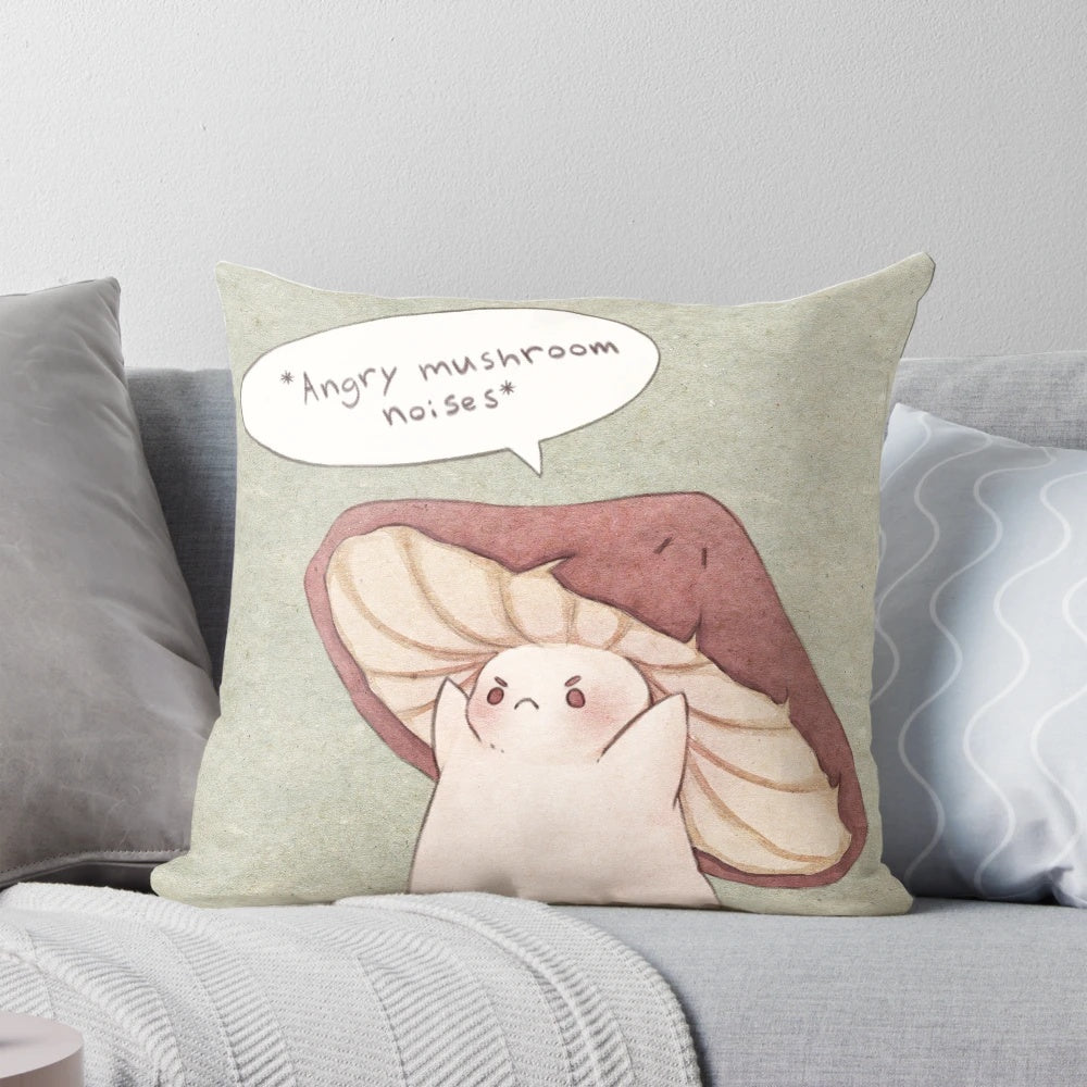 Grumpy mushroom design printed on a soft, plush decorative pillow