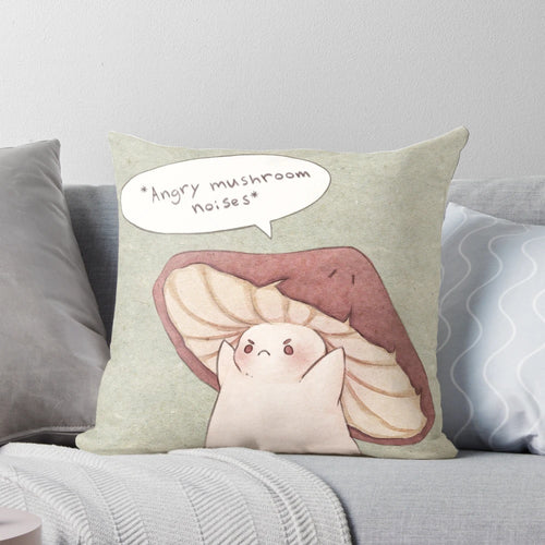 Grumpy mushroom design printed on a soft, plush decorative pillow