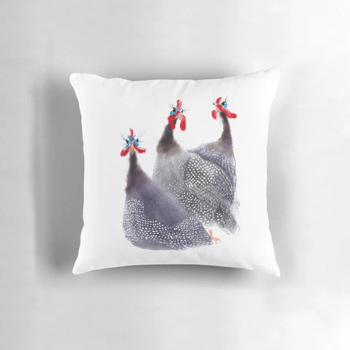 A Pillow featuring a Charming Painting of Three Guinea Fowl Birds