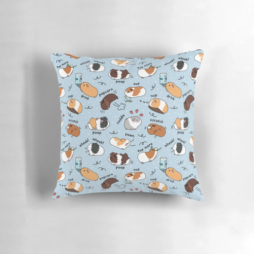A plush pillow featuring a cute guinea pig and its daily to-do list on a blue background.