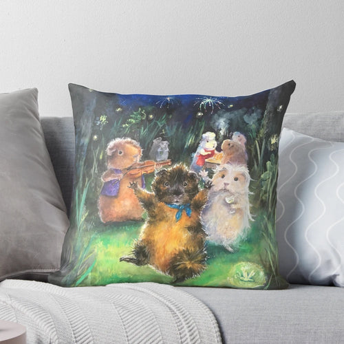 A whimsical watercolor illustration of a guinea pig on a soft, plush pillow.