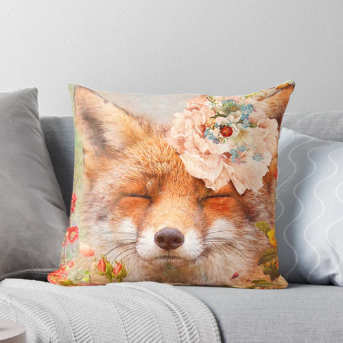 Soft, cuddly Happy Fox Pillow with floral and ladybug accents