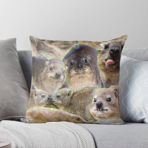 A soft, plush pillow featuring a cuddly hyrax rodent design.