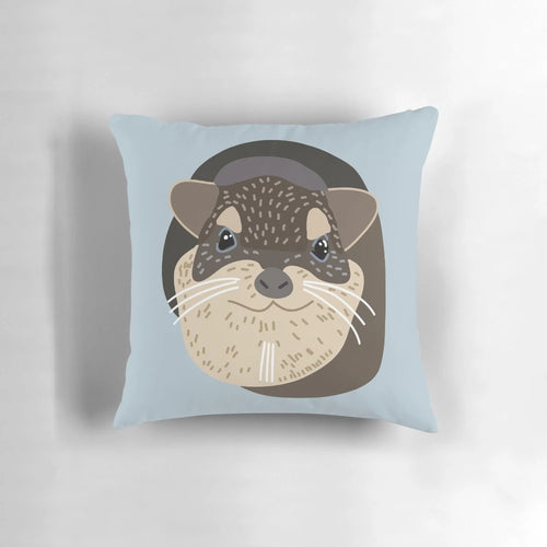 Illustration of a cute, curled-up hyrax on a tan and brown patterned pillow