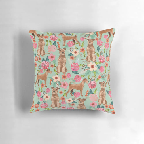 Soft, plush pillow featuring an illustration of an adorable Irish Terrier dog surrounded by vintage floral patterns.