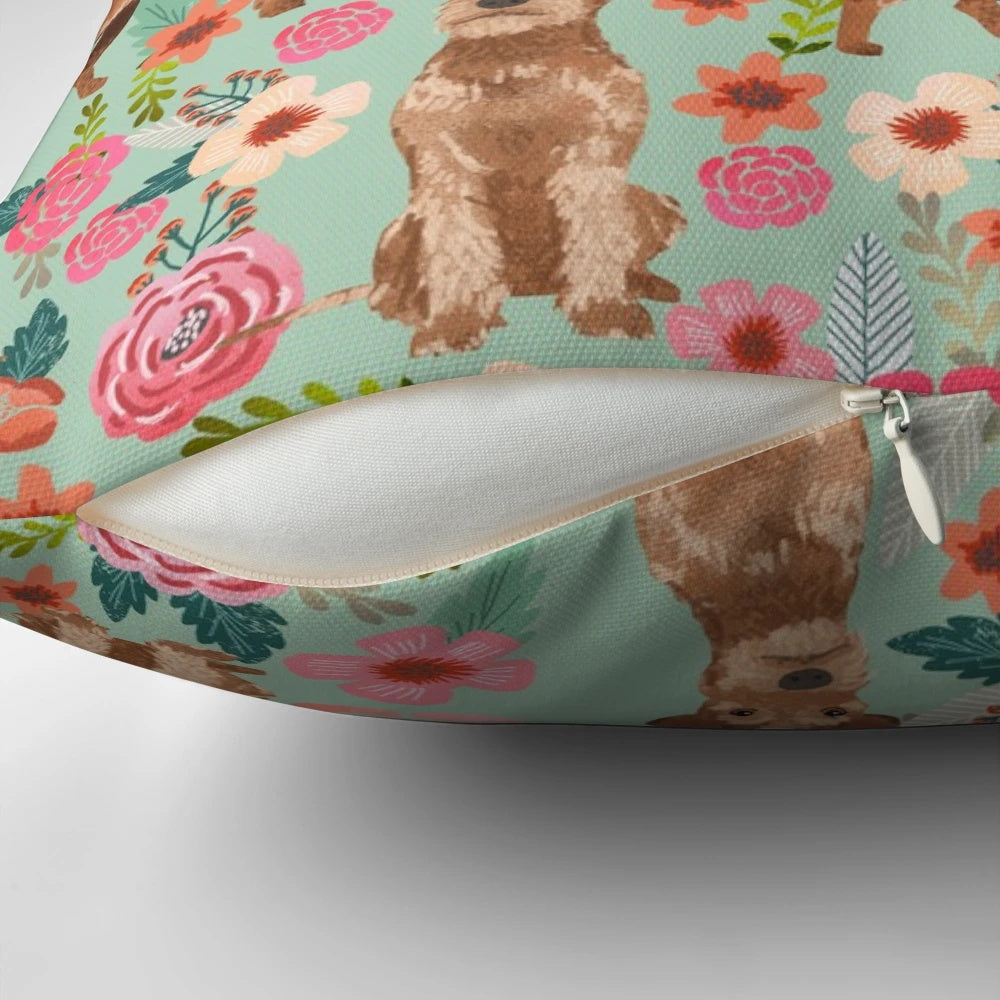 Soft, plush pillow featuring an illustration of an adorable Irish Terrier dog surrounded by vintage floral patterns.