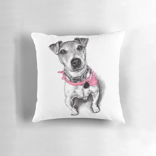 A cozy pillow featuring a Jack Russell Terrier wearing a colorful bandana.