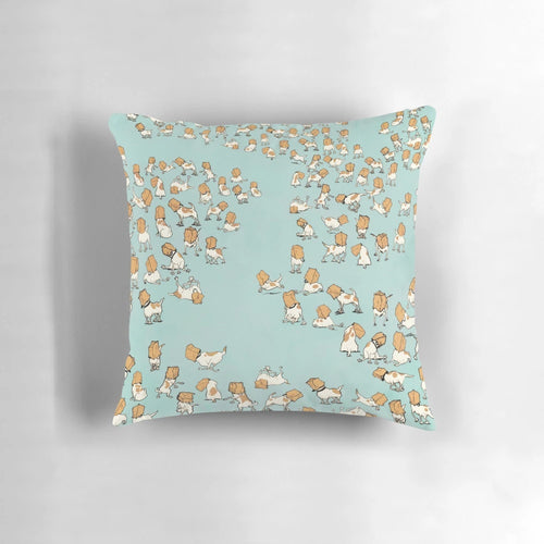 A playful and whimsical pillow featuring 20,000 jack russell terriers with bags on their heads.