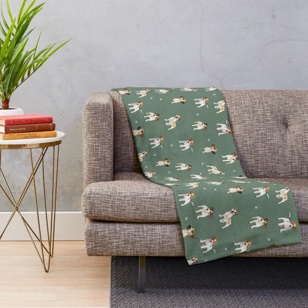 Jack Russell Terrier pattern plush blanket with cartoon dog design