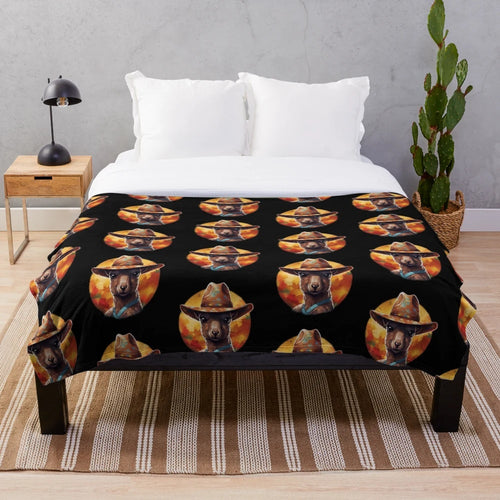 Cute and cozy plush blanket featuring a kangaroo wearing a hat