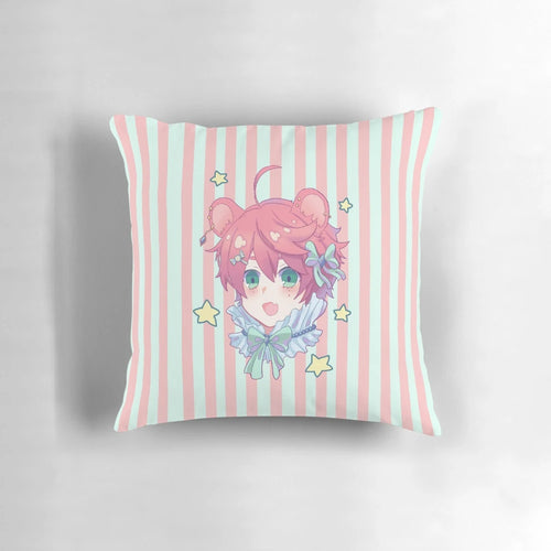 Adorable kawaii bear pillow in a carnival-inspired design with pastel colors and a cute expression.