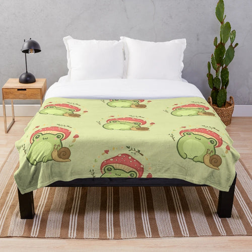 Cute kawaii frog plush blanket featuring a frog wearing a toadstool mushroom hat and a snail