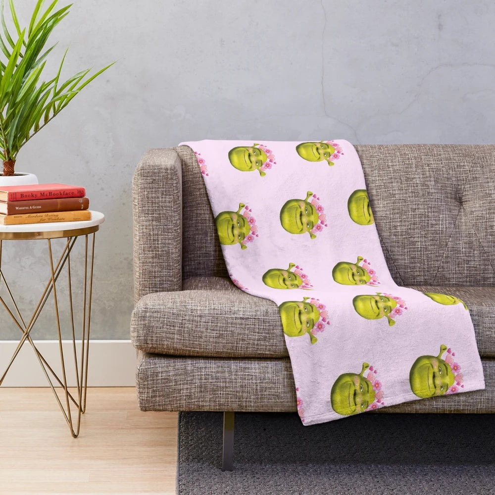 Kawaii Shrek plush blanket with a cute, blushing expression