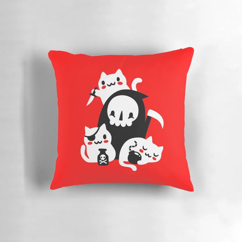 Cute kitten pillow featuring a grim reaper design, perfect for cat owners