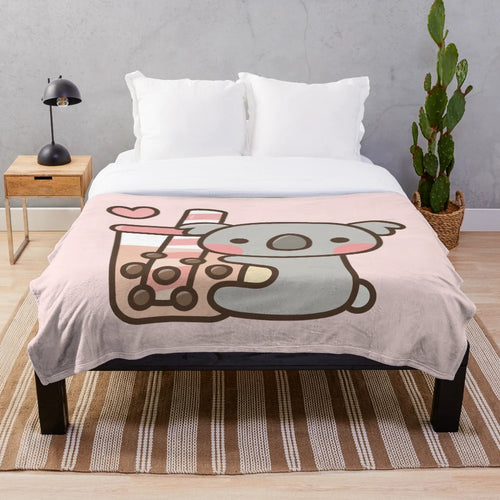 Cute koala bear and bubble tea design on a soft, plush blanket