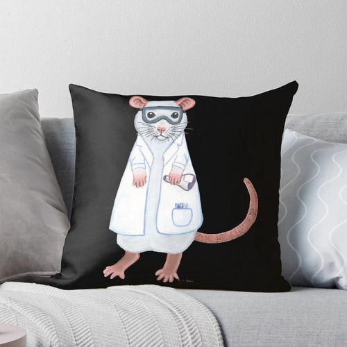 Plush lab rat pillow with scientist-inspired details