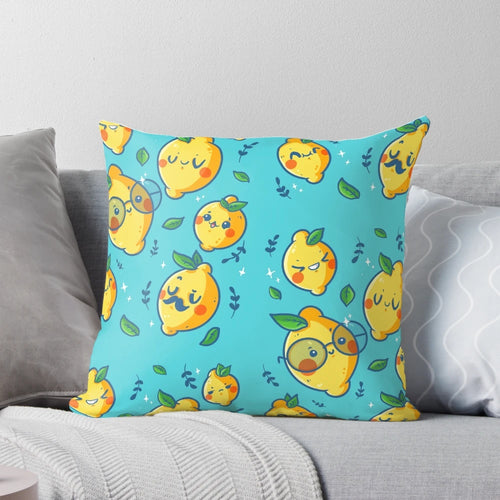 A colorful, cartoon-style throw pillow featuring cute lemon faces in a fun, vibrant pattern.
