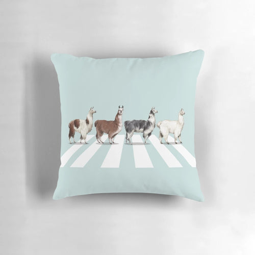 Soft, plush pillow featuring a whimsical llama design inspired by the iconic Beatles album cover
