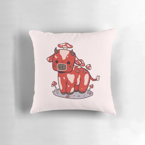 A cute, plush pillow in the shape of a Minecraft mooshroom mob