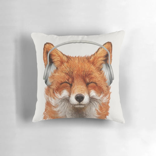 A photo-realistic smiling fox wearing a DJ headset and mustache on a soft, plush pillow.