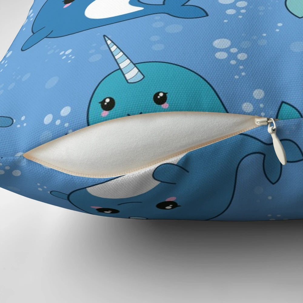 Soft, plush narwhal-patterned pillow with a cute, kawaii design.