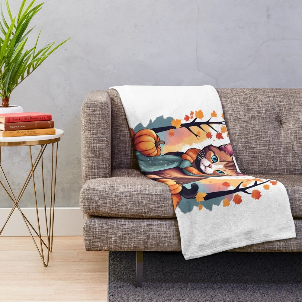 Soft and cozy orange tabby cat plush blanket featuring autumn-themed illustrations