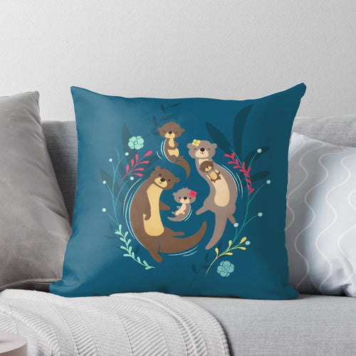 Soft, plush otter family decorative pillow with a retro, happy design