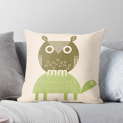 Vibrant digital illustration of an owl and turtle on a soft, plush pillow