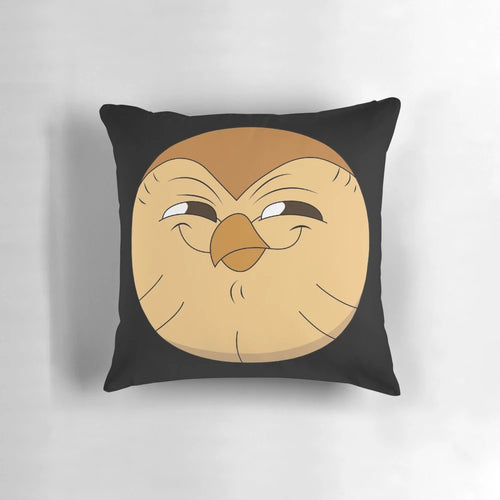 A soft, fluffy pillow featuring the character Hooty from the popular cartoon series The Owl House.