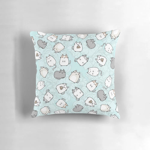 Soft, plush throw pillow featuring a whimsical pastel cat design