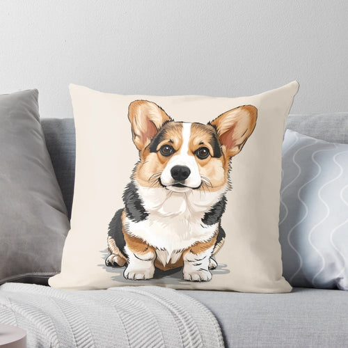 Cute fluffy Pembroke Welsh corgi dog illustration on a soft, cozy pillow