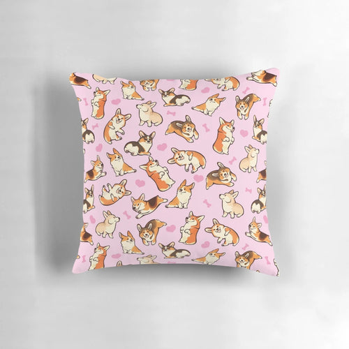 Soft, plush pillow featuring a cute Pembroke Welsh corgi in a pink pattern design.