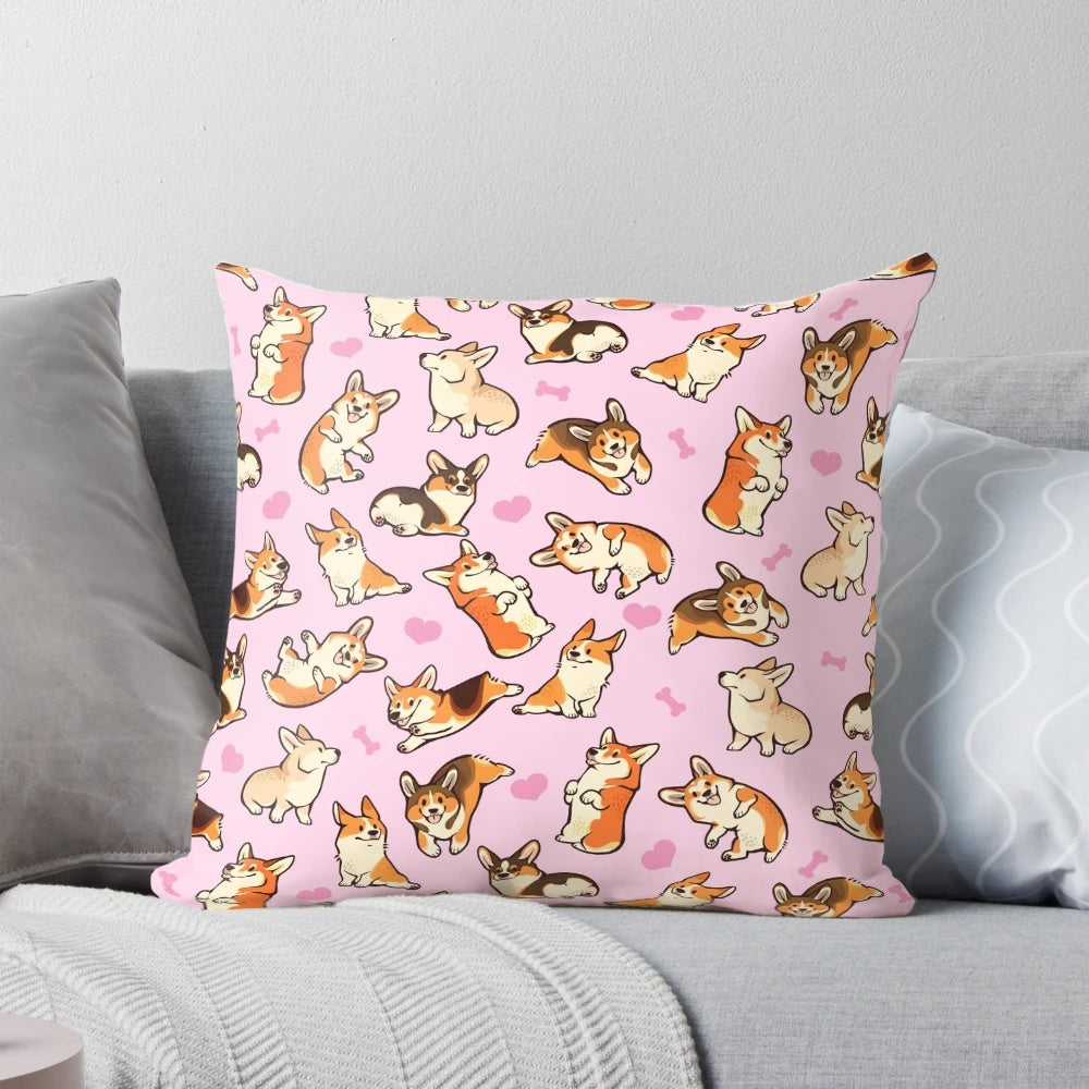 Soft, plush pillow featuring a cute Pembroke Welsh corgi in a pink pattern design.