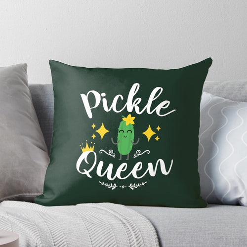 Cute green pickle-shaped pillow with the text "Pickle Queen"